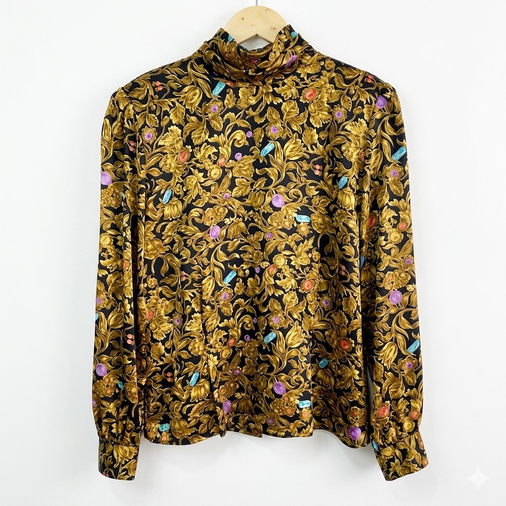 VTG TESS Baroque Gemstone Print Mock Neck Blouse Back Button Satin Top Size 8